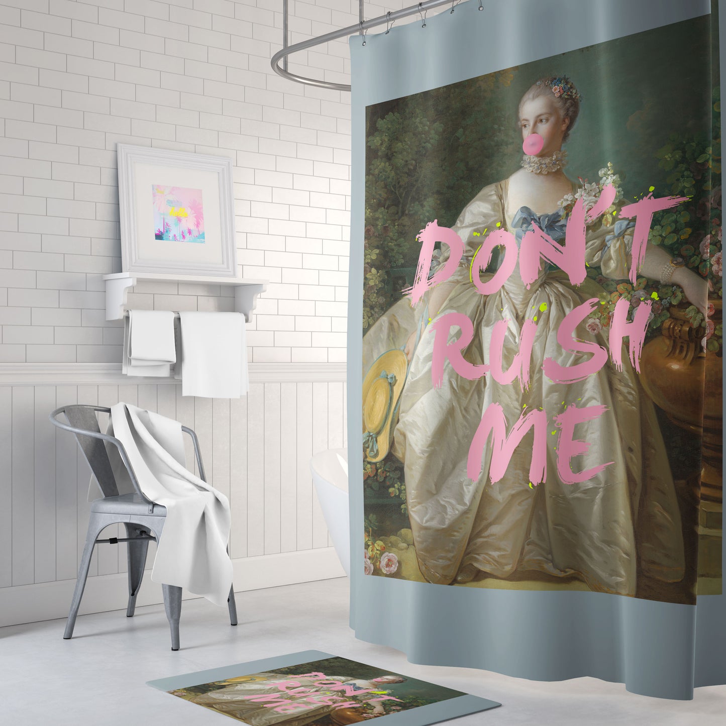 Pink and Blue Don't Rush Me Shower Curtain