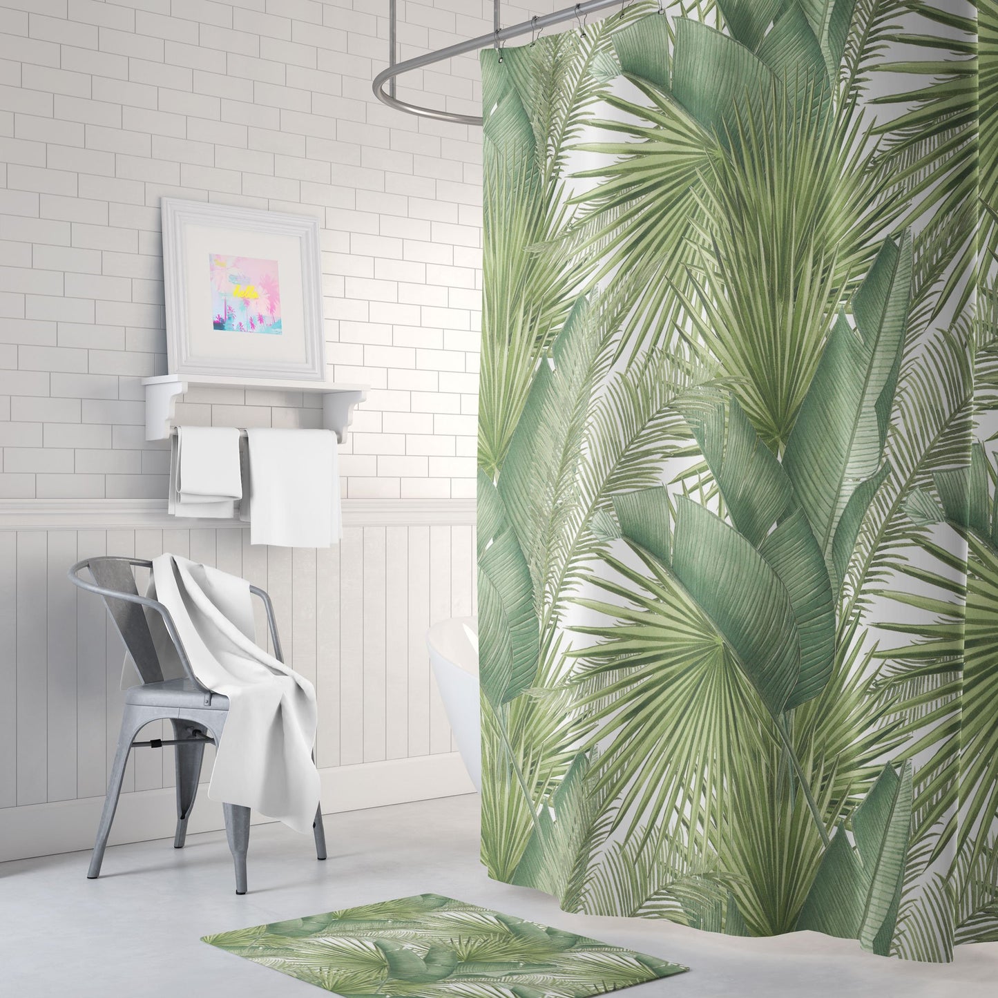 Green and White Palm Leaf Shower Curtain