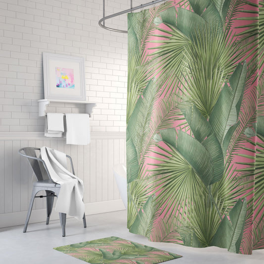 Green and Pink Botanical Print Shower Curtain