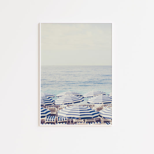 Blue and White Beach Umbrella Wall Poster Print