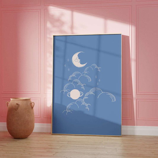 Blue Moon and Stars Wall Print