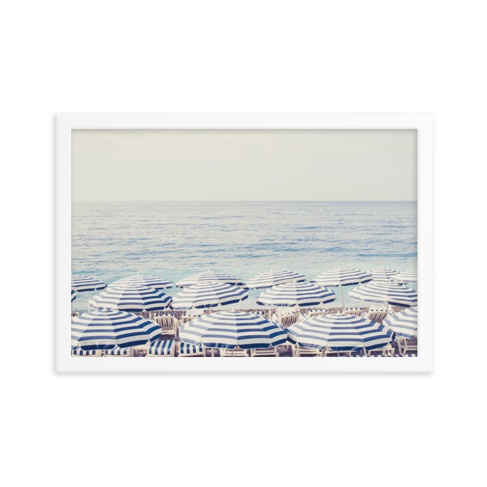 Blue and White Beach Umbrellas Poster