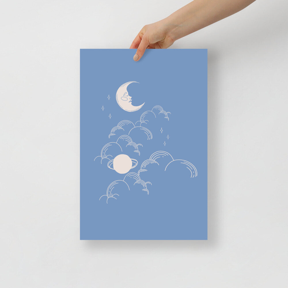 Blue Moon and Stars Wall Print