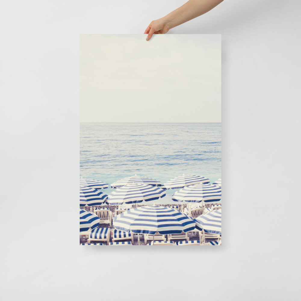 Blue and White Beach Umbrella Wall Poster Print