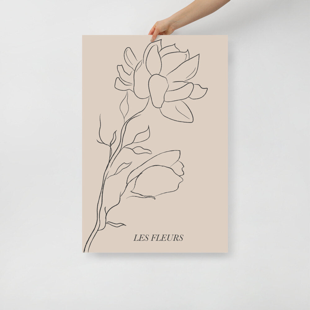 Beige Les Fleurs Line Art Poster