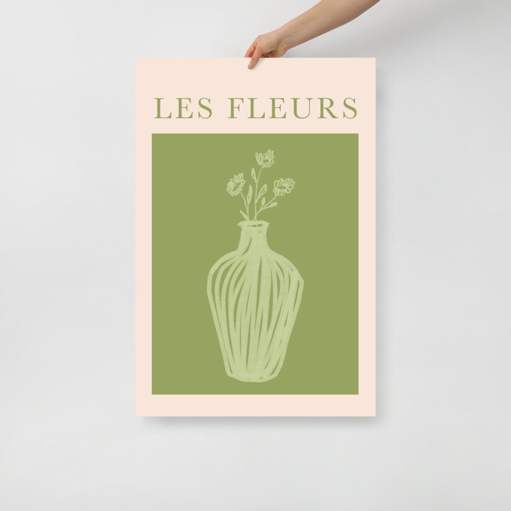 Les Fleurs Green and Beige Wall Poster Print
